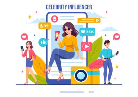 Illustration for Celebrity Influencers Vector Illustration with Posts on Internet for Advertising Marketing, Daily Life or Endorse in Flat Cartoon Background - Royalty Free Image