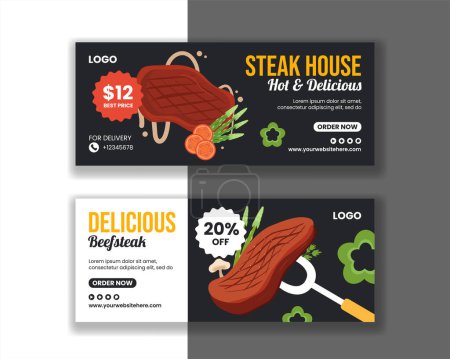 Steakhouse Horizontal Banner Flach Cartoon Hand gezeichnete Vorlagen Hintergrund Illustration