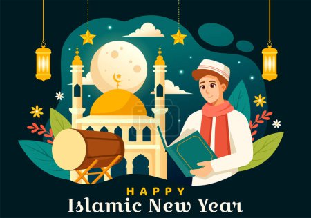 Glückliche Muharram Vector Illustration des islamischen Neujahrsfestes mit Moschee, Mond und Laterne im flachen Kids-Cartoon-Hintergrund