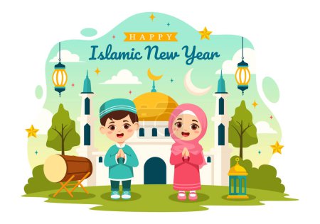 Glückliche Muharram Vector Illustration des islamischen Neujahrsfestes mit Moschee, Mond und Laterne im flachen Kids-Cartoon-Hintergrund