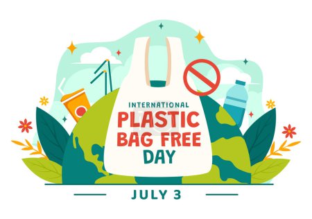 Ilustración de vectores de día libre de bolsas de plástico internacionales el 3 de julio con Go green, Save Earth y Ocean en Eco Lifestyle Flat Cartoon Background