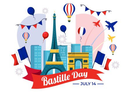 Illustration for Happy Bastille Day Vector Illustration on 14 july with French Flag, Ribbon and Eiffel Tower in National Holiday Flat Cartoon Background - Royalty Free Image