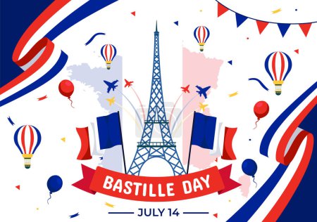 Illustration for Happy Bastille Day Vector Illustration on 14 july with French Flag, Ribbon and Eiffel Tower in National Holiday Flat Cartoon Background - Royalty Free Image