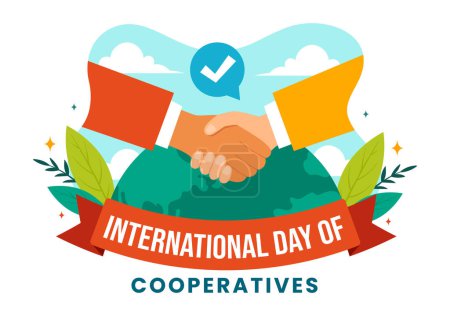 Téléchargez les illustrations : Journée internationale des coopératives Illustration vectorielle le 6 juillet avec les gens aux objectifs complémentaires des Nations Unies en arrière-plan - en licence libre de droit