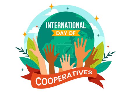 Téléchargez les illustrations : Journée internationale des coopératives Illustration vectorielle le 6 juillet avec les gens aux objectifs complémentaires des Nations Unies en arrière-plan - en licence libre de droit