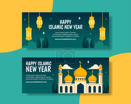 Islamic New Year Horizontal Banner Flat Cartoon Hand Drawn Templates Background Illustration
