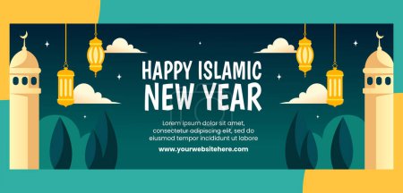Modèle dessiné à la main de dessin animé plat de couverture de nouvel an islamique Illustration de fond