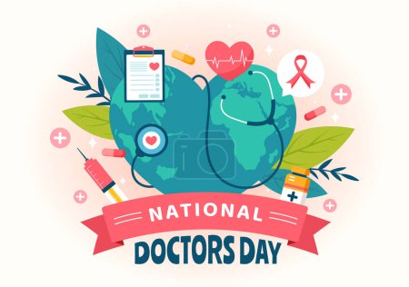 Illustration vectorielle de la Journée nationale des médecins avec le médecin, le stéthoscope et l'équipement médical pour la dédicace et les contributions en bande dessinée plate Contexte