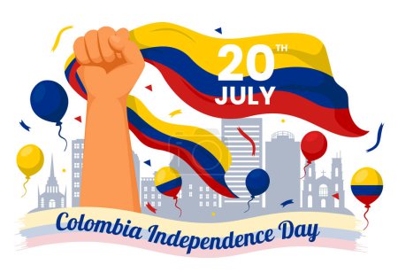 Feliz Día de la Independencia de Colombia Ilustración vectorial el 20 de julio con bandera ondeante y cinta en la celebración nacional de vacaciones Fondo plano de dibujos animados