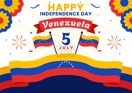 Téléchargez les illustrations : Happy Venezuela Independence Day Illustration vectorielle sur 5 Juillet avec des drapeaux, ballon et confettis en fond de bande dessinée Memorial Holiday Flat - en licence libre de droit