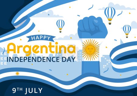 Happy Argentina Independence Day Illustration vectorielle sur 9h de juillet avec Drapeau ondulé et ruban en dessin animé plat Célébration fond Design