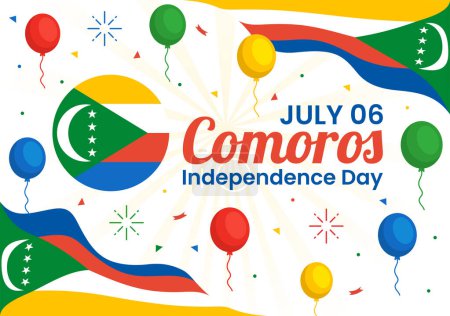 Téléchargez les illustrations : Illustration vectorielle de la fête de l'indépendance des Comores le 6 juillet avec le drapeau comorien agitant dans le dessin animé plat de la fête nationale - en licence libre de droit