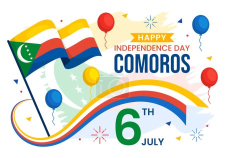 Téléchargez les illustrations : Illustration vectorielle de la fête de l'indépendance des Comores le 6 juillet avec le drapeau comorien agitant dans le dessin animé plat de la fête nationale - en licence libre de droit