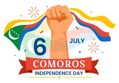 Illustration vectorielle de la fête de l'indépendance des Comores le 6 juillet avec le drapeau comorien agitant dans le dessin animé plat de la fête nationale