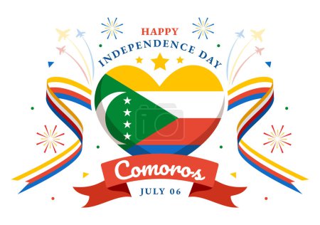 Illustration vectorielle de la fête de l'indépendance des Comores le 6 juillet avec le drapeau comorien agitant dans le dessin animé plat de la fête nationale