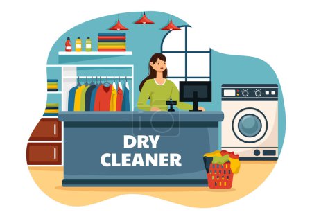 Dry Cleaning Store Service Vector Illustration with Washing Machines, Dryers and Laundry for Clean Clothing in Flat Cartoon Background Design