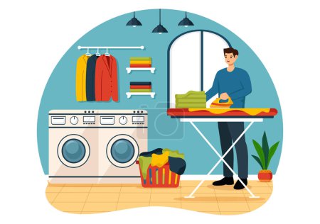 Dry Cleaning Store Service Vector Illustration with Washing Machines, Dryers and Laundry for Clean Clothing in Flat Cartoon Background Design