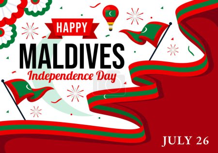 Illustration vectorielle de la fête de l'indépendance des Maldives le 26 juillet avec drapeau ondulé des Maldives et ruban en dessin animé plat