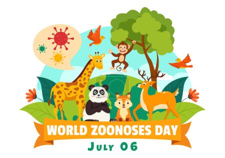 Ilustración de Día Mundial de las Zoonosis Ilustración vectorial el 6 de julio con varios animales y plantas que se encuentra en el bosque para proteger en dibujos animados planos Diseño de fondo - Imagen libre de derechos