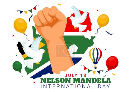 Feliz Nelson Mandela Día Internacional de la Ilustración de Vectores el 18 de julio con la bandera y la cinta de Sudáfrica en el diseño plano de fondo de dibujos animados