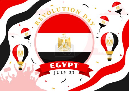 Téléchargez les illustrations : Happy Egypt Revolution Day Illustration vectorielle le 23 juillet avec drapeau ondulé et ruban dans la conception de fond de bande dessinée plat de fête nationale - en licence libre de droit