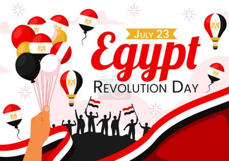 Téléchargez les illustrations : Happy Egypt Revolution Day Illustration vectorielle le 23 juillet avec drapeau ondulé et ruban dans la conception de fond de bande dessinée plat de fête nationale - en licence libre de droit