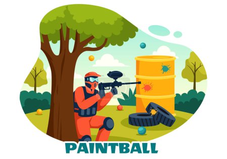 People Playing Paintball Vector Illustration of Fighter Player Shooting with Gun Shoot, Aim, Attack in Field Scene in Flat Cartoon Background