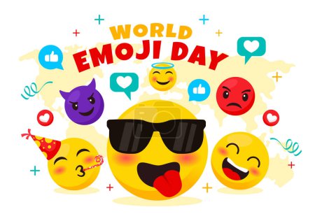 Welt-Emoji-Tag Feier Vektorillustration mit Veranstaltungen und Produktveröffentlichungen in verschiedenen Gesichtsausdrücken Netter Cartoon-Hintergrund