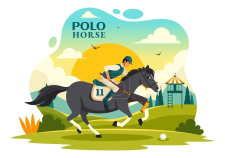 Illustration vectorielle de sports de cheval de polo avec le cheval de joueur et le bâton de maintien utilisent l'équipement réglé à la concurrence dans le fond plat de bande dessinée