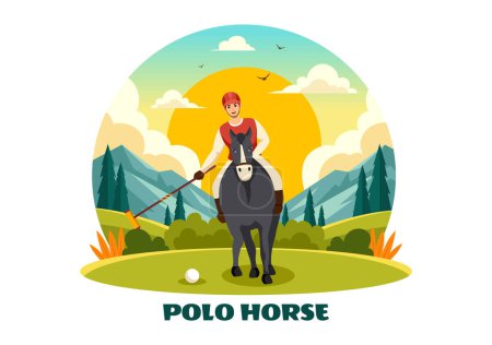 Polo Horse Sports Vector Illustration mit Spieler Reiten Pferd und Haltestab verwenden Ausrüstung für den Wettbewerb in flachen Cartoon-Hintergrund