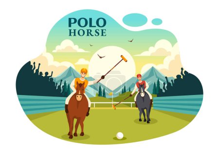 Illustration vectorielle de sports de cheval de polo avec le cheval de joueur et le bâton de maintien utilisent l'équipement réglé à la concurrence dans le fond plat de bande dessinée