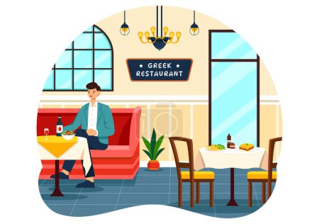 Griechische Küche Restaurant Vector Illustration mit Set Menü Köstliche Gerichte Traditionelle oder nationale Speisen in flachem Cartoon-Hintergrunddesign
