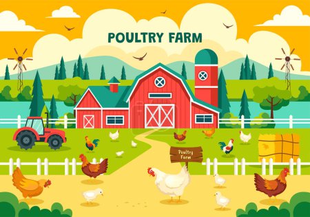 Illustration for Poultry Farm Vector Illustration with Chickens, Roosters, Straw, Cage and Egg on Scenery of Green Field in Flat Cartoon Background Design - Royalty Free Image