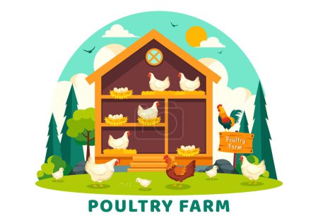 Vektorillustration der Geflügelfarm mit Hühnern, Hähnen, Stroh, Käfig und Ei auf der grünen Wiese in flachem Cartoon-Hintergrunddesign