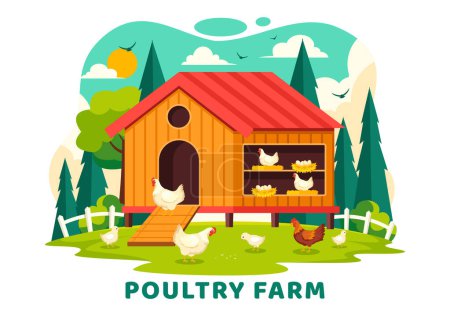 Illustration for Poultry Farm Vector Illustration with Chickens, Roosters, Straw, Cage and Egg on Scenery of Green Field in Flat Cartoon Background Design - Royalty Free Image