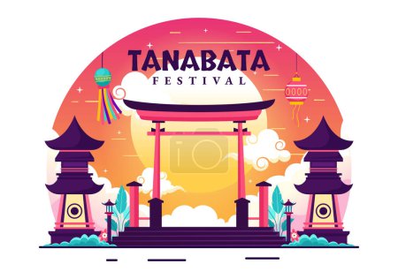 Festival de Tanabata Japón Ilustración vectorial con gente que usa flores de kimono y peonías en el fondo nacional de dibujos animados lindo plano de vacaciones