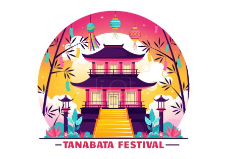 Festival de Tanabata Japón Ilustración vectorial con gente que usa flores de kimono y peonías en el fondo nacional de dibujos animados lindo plano de vacaciones