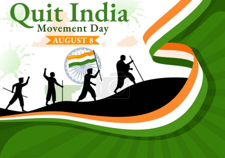 Téléchargez les illustrations : Journée du mouvement Quit India Illustration vectorielle le 8 août avec drapeau indien et silhouette du peuple en dessin animé plat Conception de fond - en licence libre de droit