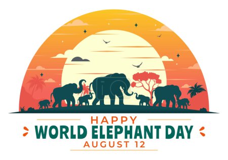 Happy World Elephant Day Vektor Illustration am 12. August mit Elefanten Tiere für Heilsbemühungen und Naturschutz im flachen Cartoon-Hintergrund
