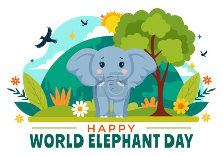 Happy World Elephant Day Vector Illustration on 12 August with Elephants Animals for Salvation Efforts and Conservation in Flat Cartoon Background