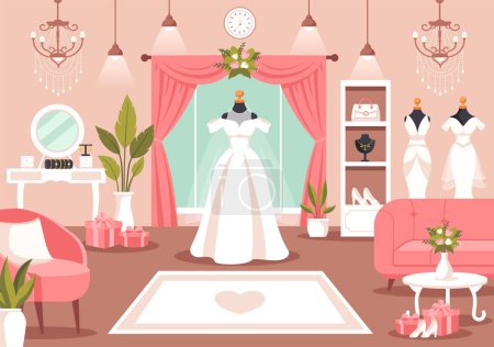Wedding Shop Vector Illustration mit Liebhaber auf der Suche nach Schmuck, schönen Brautkleidern und Accessoires zum Heiraten im flachen Cartoon-Hintergrund