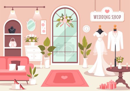 Illustration vectorielle de magasin de mariage avec l'amant à la recherche de bijoux, de belles robes de mariée et d'accessoires pour se marier dans le fond plat de bande dessinée