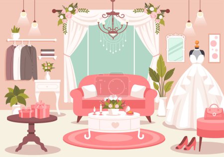 Wedding Shop Vector Illustration with Lover Looking for Jewellery, Beautiful Bride Gowns and Accessories to Get Married in Flat Cartoon Background