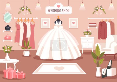 Wedding Shop Vector Illustration with Lover Looking for Jewellery, Beautiful Bride Gowns and Accessories to Get Married in Flat Cartoon Background
