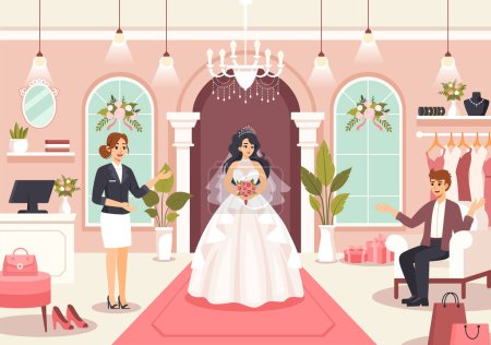 Tienda de Bodas Ilustración Vectorial con Amante Buscando Joyas, Hermosos Vestidos de Novia y Accesorios para Casarse en Fondo de Dibujos Animados Planos