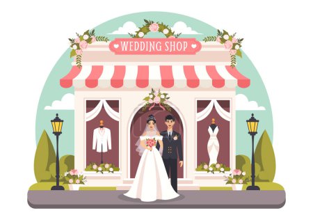 Illustration vectorielle de magasin de mariage avec l'amant à la recherche de bijoux, de belles robes de mariée et d'accessoires pour se marier dans le fond plat de bande dessinée