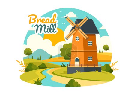 Bread Mill Vector Illustration with Wheat Sacks, Various Breads and Windmill for Product Bakery in Flat Cartoon Background Design