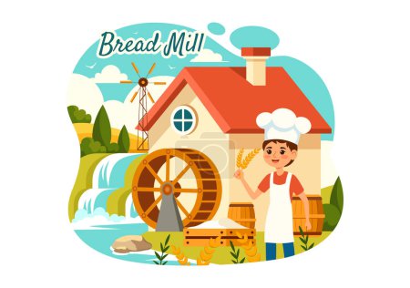 Bread Mill Vector Illustration with Wheat Sacks, Various Breads and Windmill for Product Bakery in Flat Cartoon Background Design