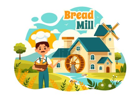 Ilustración de vectores de molino de pan con sacos de trigo, varios panes y molino de viento para panadería de productos en diseño plano de fondo de dibujos animados