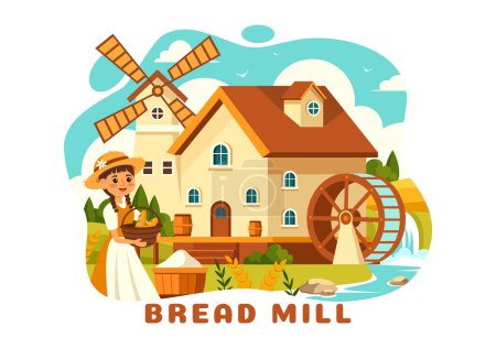 Téléchargez les illustrations : Illustration vectorielle de moulin à pain avec des sacs de blé, divers pains et moulin à vent pour la boulangerie de produits dans la conception de fond de bande dessinée plate - en licence libre de droit